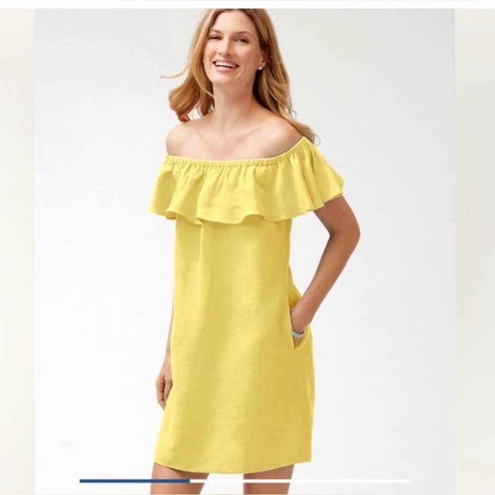 Tommy Bahama Linen-Blend Off-The-Shoulder Yellow Dress L - Picture 1 of 6